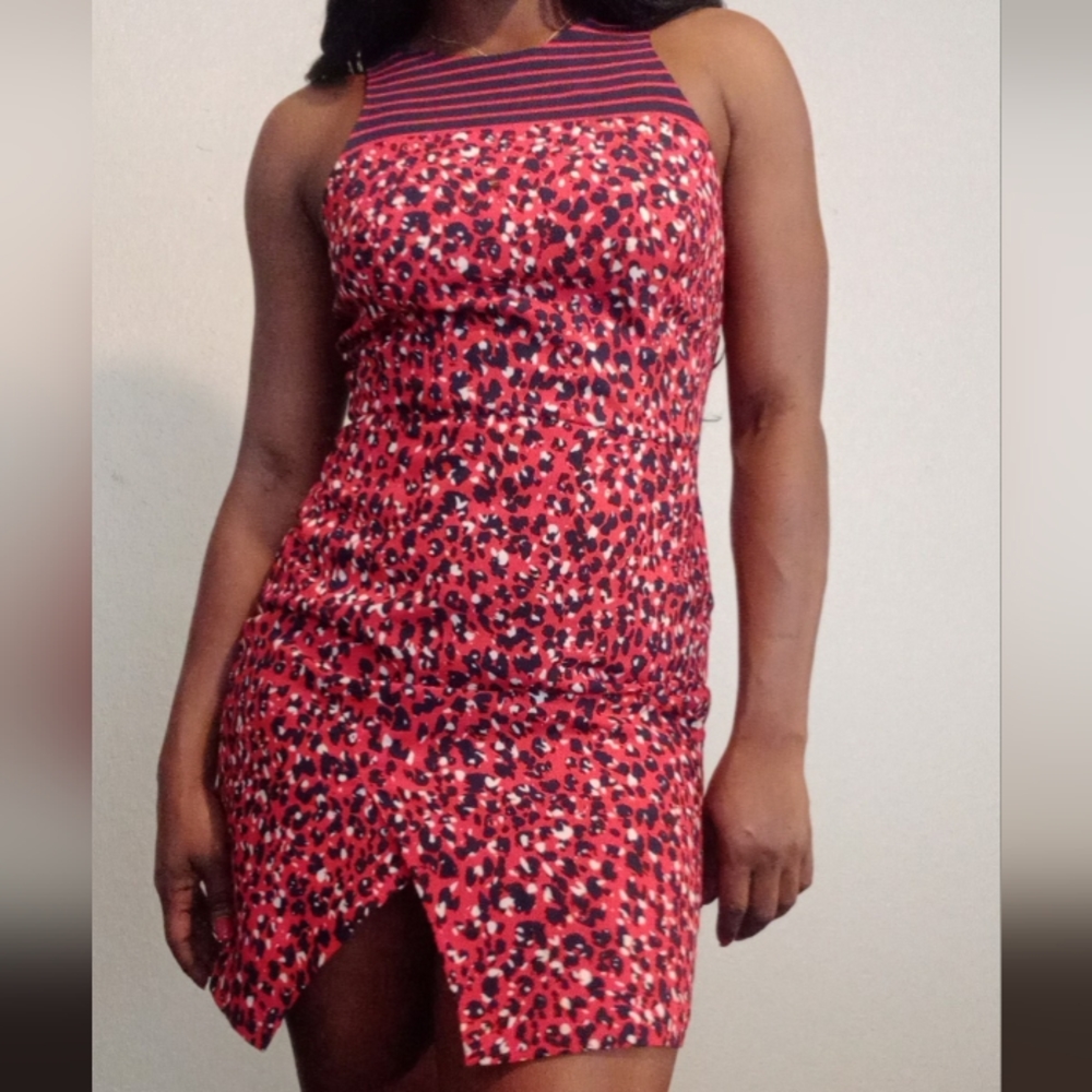 Red and blue print mini dress